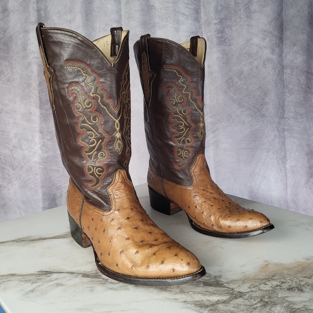 Classic Genuine Ostrich Quill Western Cowboy Boots Brown Size 13 E Men's